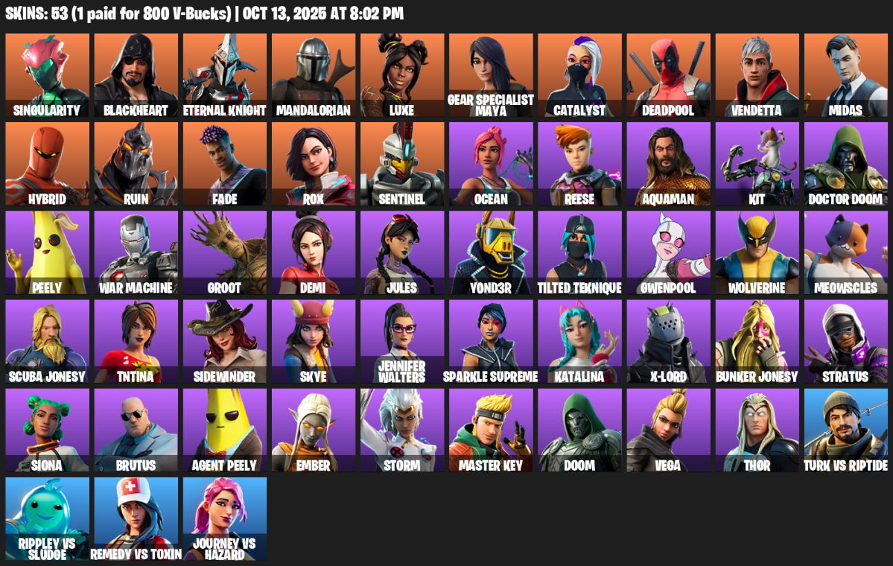 Fortnite Account ( PLAYSTATION / XBOX / PC / MOBILE / NINTENDO ) (Singularity, Blackheart, Eternal Knight, Mandalorian, Luxe, Gear Specialist Maya, Catalyst) (53 Skins)