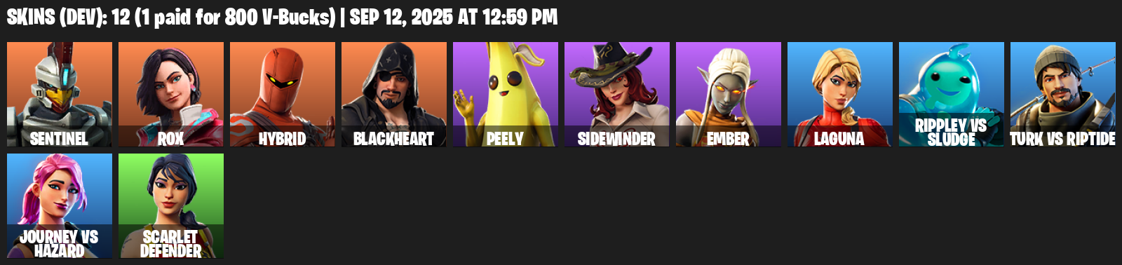 Fortnite Account ( PLAYSTATION / XBOX / PC / MOBILE / NINTENDO ) (Sentinel, Rox, Hybrid, Blackheart, Peely, Sidewinder, Ember, Laguna, Rippley vs Sludge) (12 Skins)