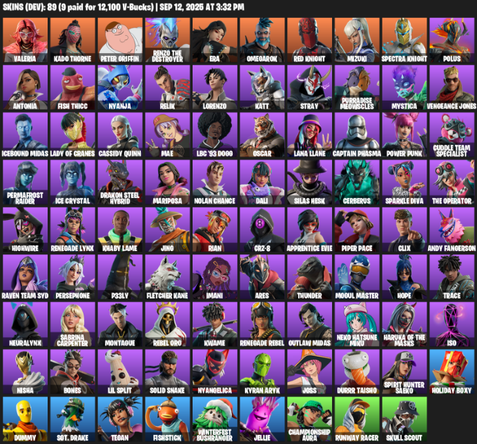 Fortnite Account ( PLAYSTATION / XBOX / PC / MOBILE / NINTENDO ) (Valeria, Kado Thorne, Peter Griffin, Renzo the Destroyer, Era, Omegarok, Red Knight) (89 Skins)