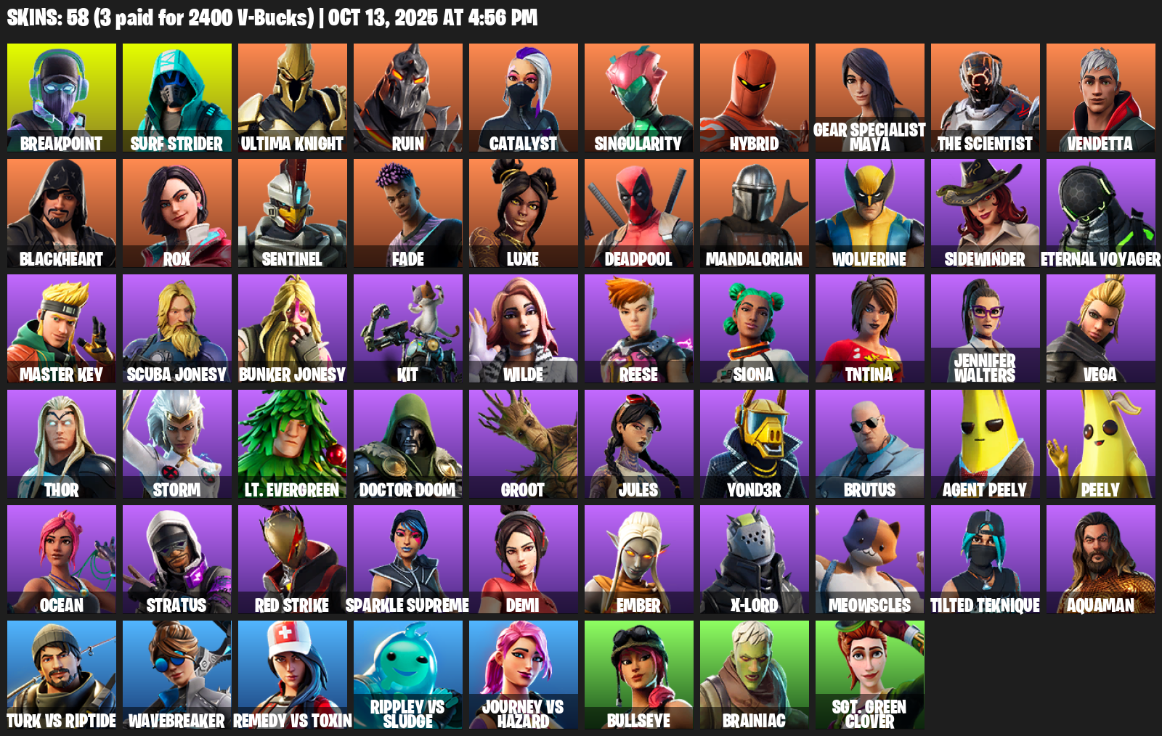 Fortnite Account ( PLAYSTATION / XBOX / PC / MOBILE / NINTENDO ) (Breakpoint, Surf Strider, Ultima Knight, Ruin, Catalyst, Singularity, Hybrid) (58 Skins)