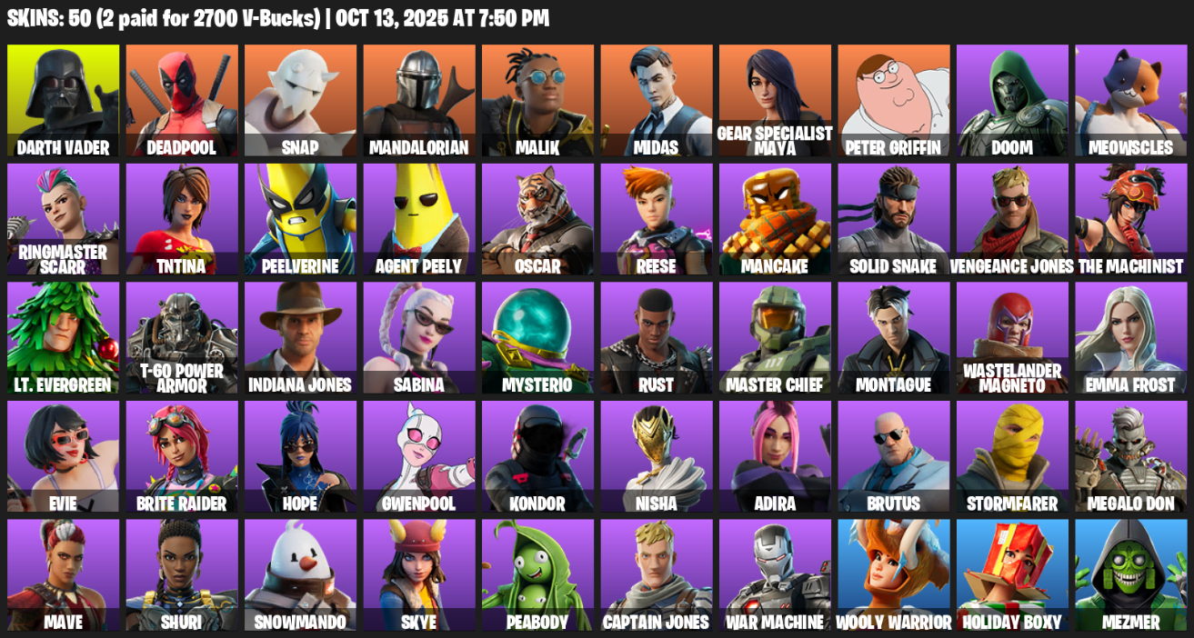 Fortnite Account ( PLAYSTATION / XBOX / PC / MOBILE / NINTENDO ) (Darth Vader, Deadpool, Snap, Mandalorian, Malik, Midas, Gear Specialist Maya, Peter Griffin) (50 Skins)