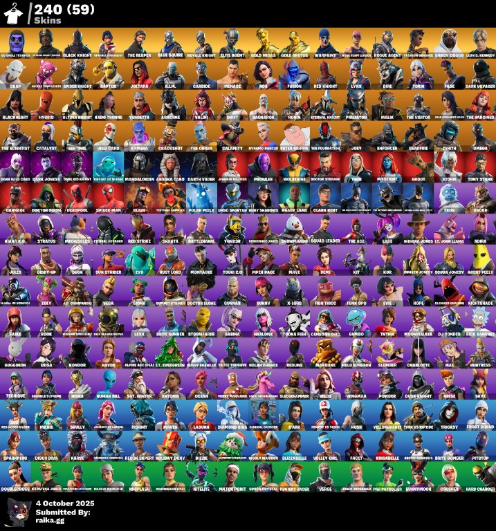 Fortnite Account ( PLAYSTATION / XBOX / PC / MOBILE / NINTENDO ) (Og Purple Skull Trooper, Skull Trooper, OG Aerial Assault Trooper, Black Knight, Sparkle Specialist) (240 Skins)