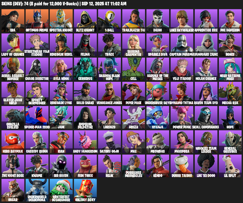 Fortnite Account ( PLAYSTATION / XBOX / PC / MOBILE / NINTENDO ) (Era, Optimus Prime, Spectra Knight, Blitz Knight, 1-Ball, Trailblazer Tai, Daigo, Luke Skywalker) (74 Skins)