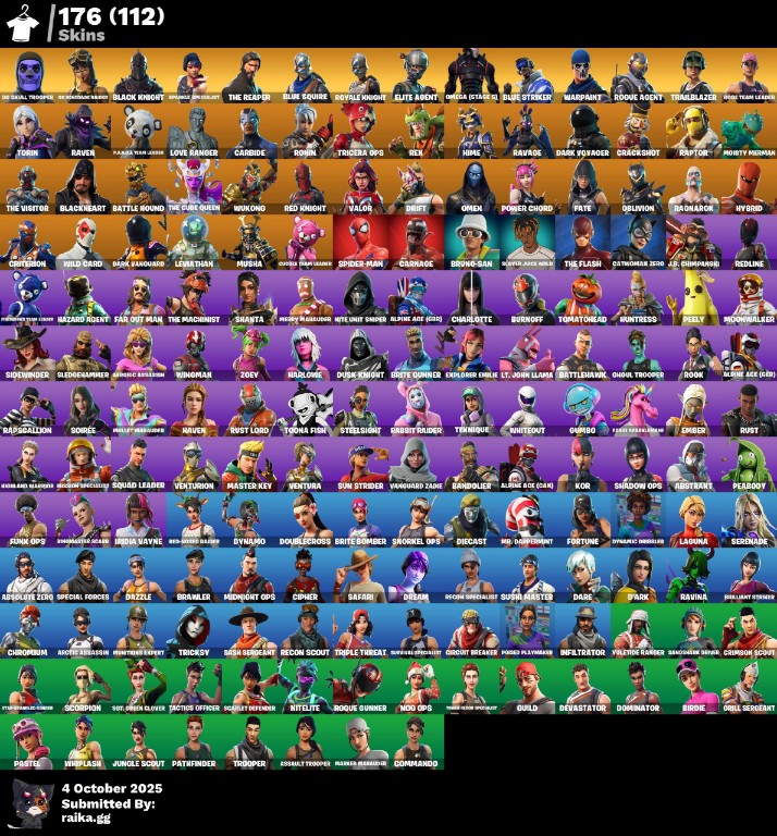 Fortnite Account ( PLAYSTATION / XBOX / PC / MOBILE / NINTENDO ) (Og Purple Skull Trooper, Skull Trooper, OG Renegade Raider, Black Knight, Sparkle Specialist, The Reaper) (176 Skins)