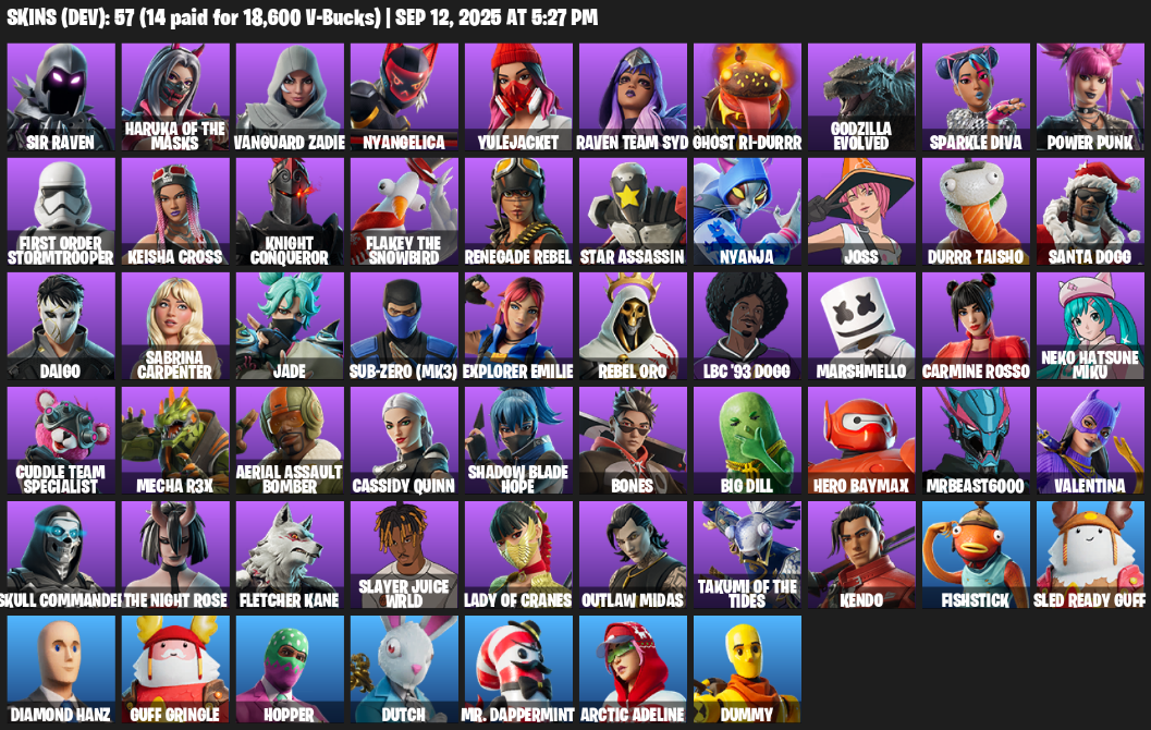 Fortnite Account ( PLAYSTATION / XBOX / PC / MOBILE / NINTENDO ) (Sir Raven, Haruka of the Masks, Vanguard Zadie, Nyangelica, Yulejacket, Raven Team Syd) (57 Skins)