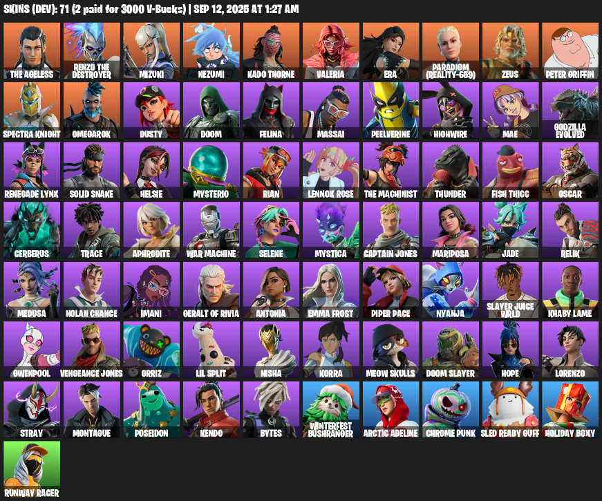 Fortnite Account ( PLAYSTATION / XBOX / PC / MOBILE / NINTENDO ) (The Ageless, Renzo the Destroyer, Mizuki, Nezumi, Kado Thorne, Valeria, Era) (71 Skins)