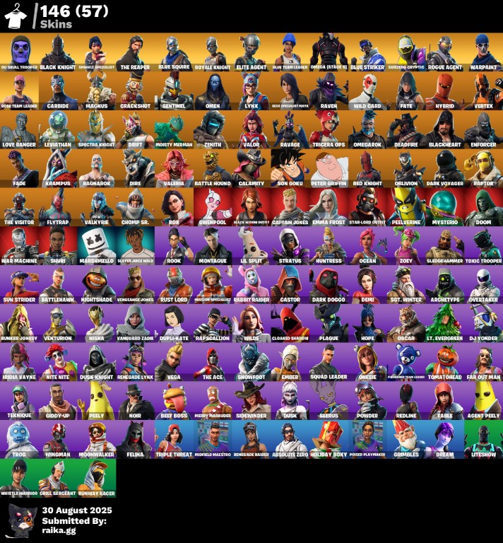 Fortnite Account ( PLAYSTATION / XBOX / PC / MOBILE / NINTENDO ) (Renegade Raider, Og Purple Skull Trooper, Skull Trooper, Black Knight, Sparkle Specialist, The Reaper, Blue Squire) (146 Skins)