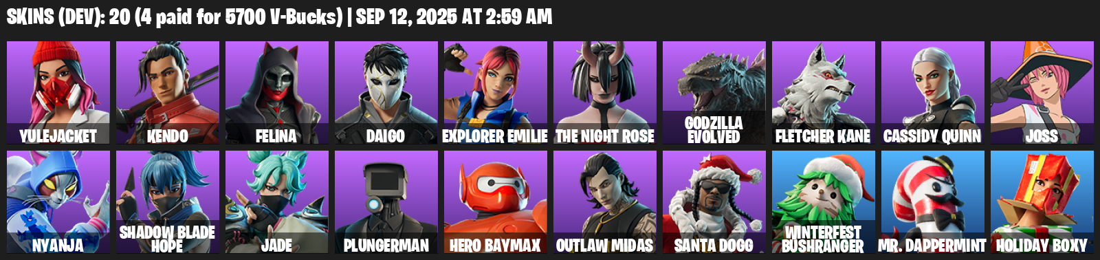 Fortnite Account ( PLAYSTATION / XBOX / PC / MOBILE / NINTENDO ) (Yulejacket, Kendo, Felina, Daigo, Explorer Emilie, The Night Rose, Godzilla Evolved) (20 Skins)