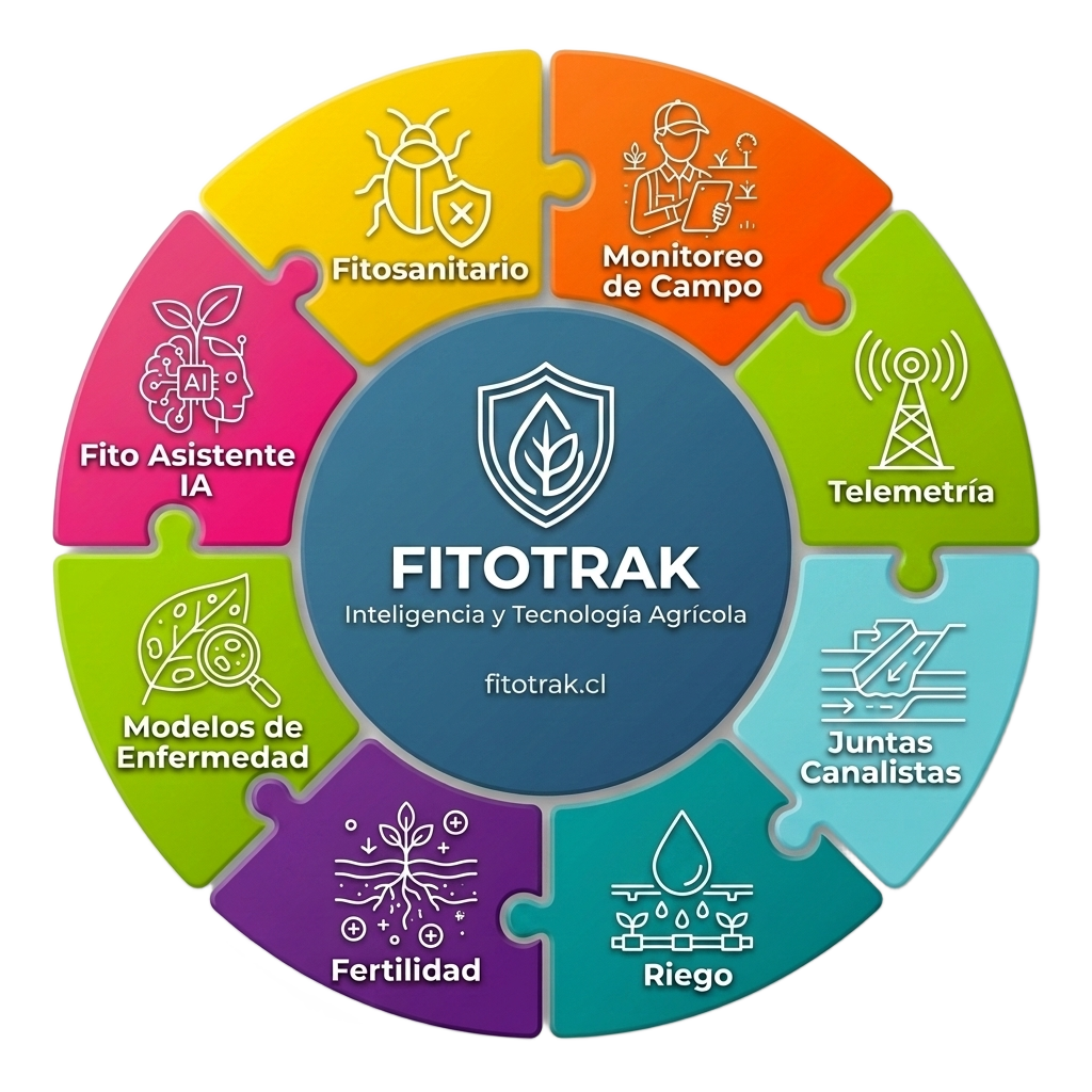 Escudo Fitotrak — plataforma agrícola integral: cuaderno digital SAG, riego inteligente, telemetría y fertilidad para el agro de Chile y Latinoamérica