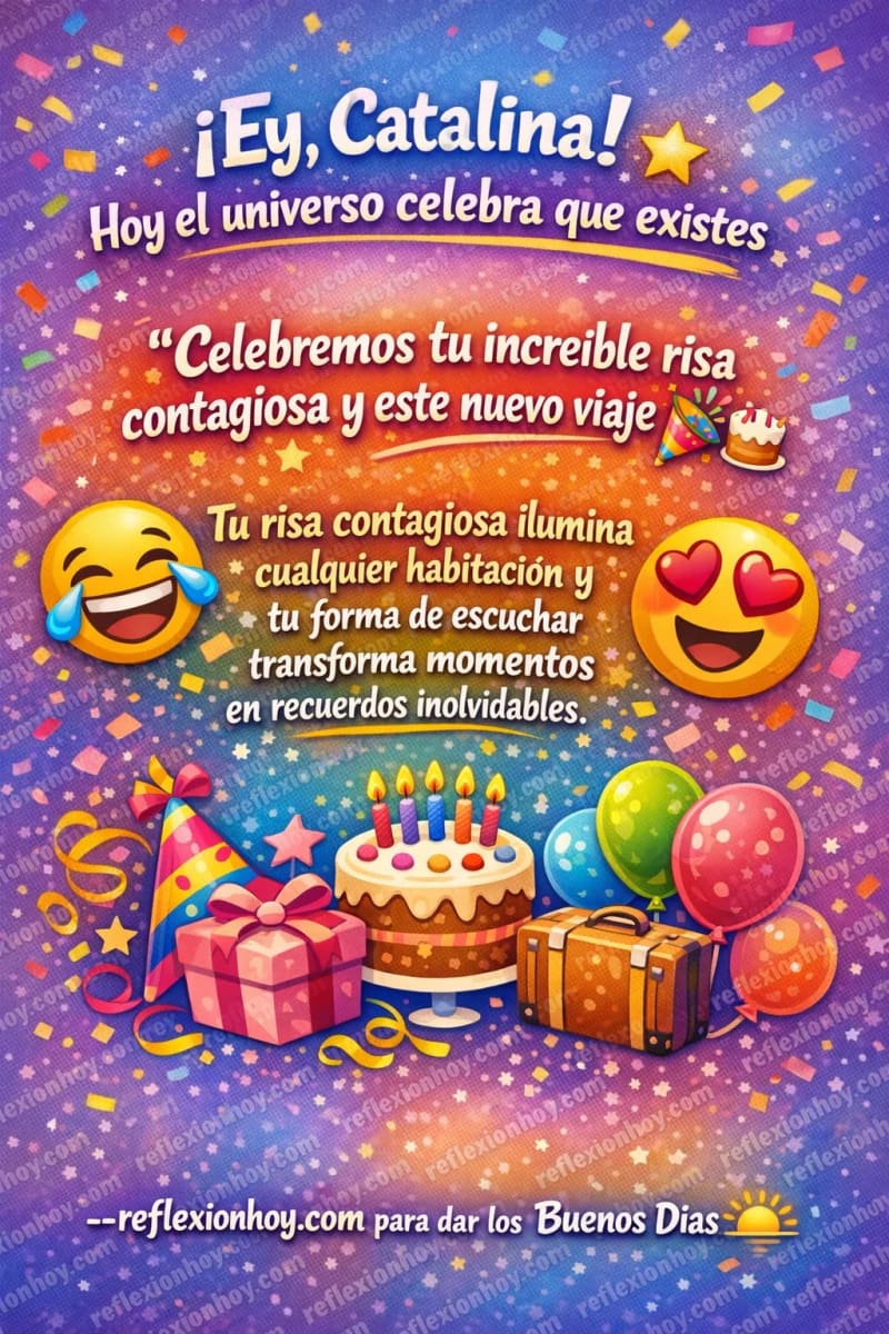Felicitación de cumpleaños personalizada para Catalina con colores vibrantes y emoticonos alegres.