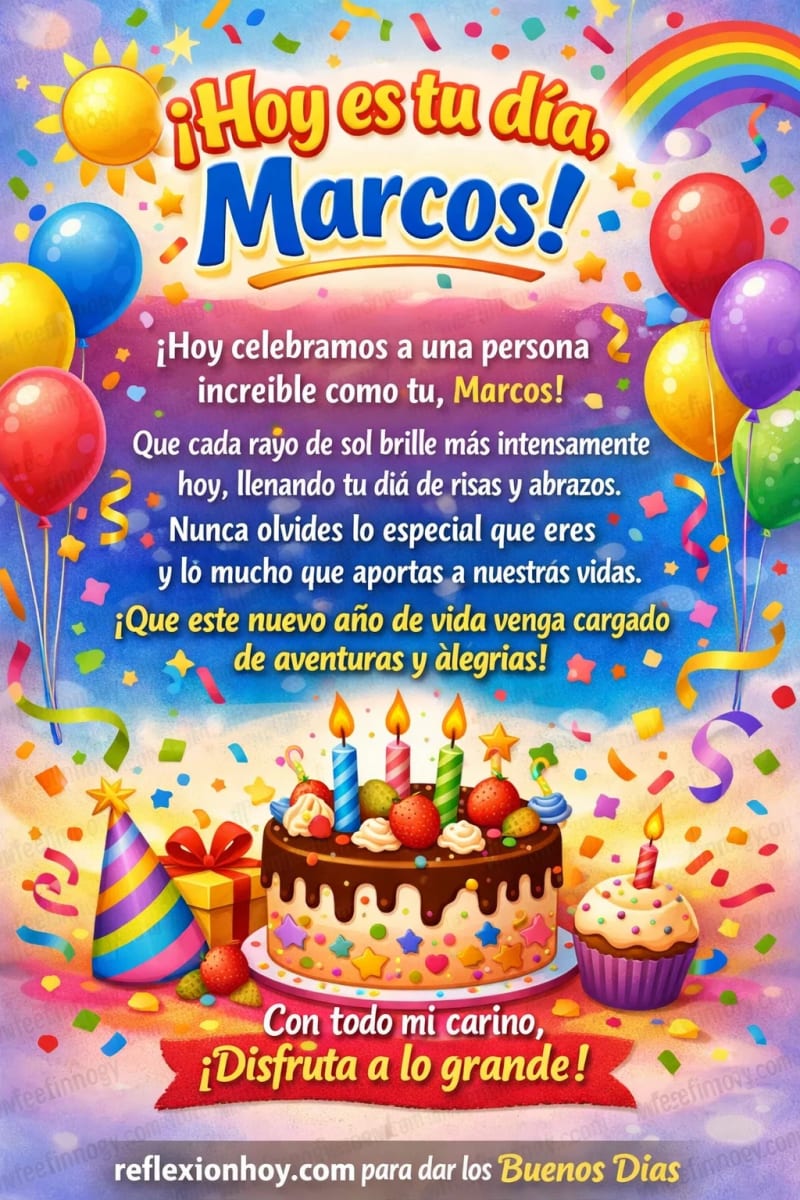 Tarjeta de cumpleaños para Marcos con globos, pastel y confeti, llena de alegría y colores vibrantes. 🎉🎂💖