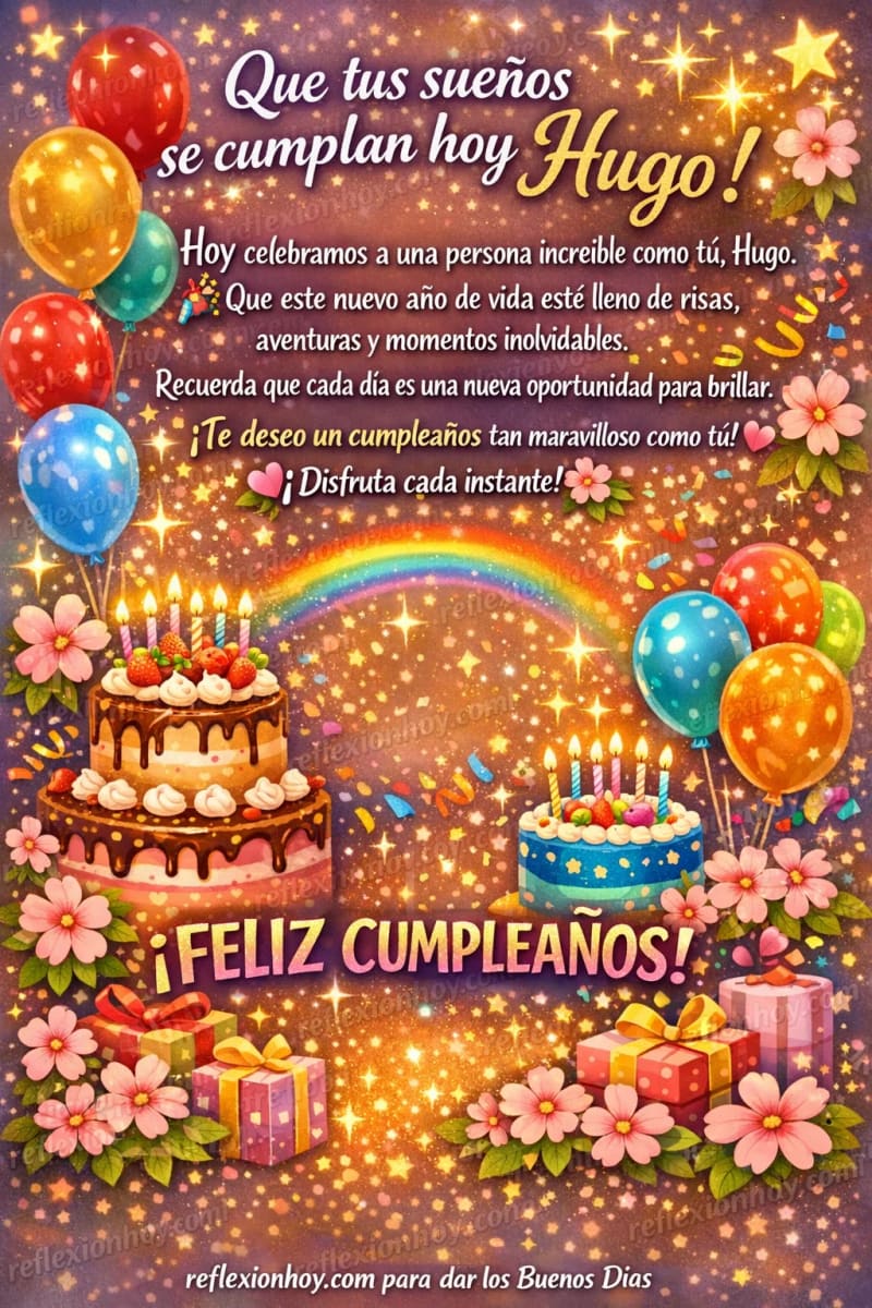 Tarjeta de cumpleaños con pasteles 🎂, globos 🎈, flores 🌸, luces brillantes ✨, confeti 🎉 y estrellas 🌟 que iluminan tu día especial.