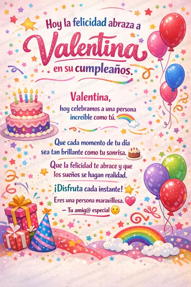 Tarjeta de cumpleaños colorida con globos, pastel y confeti, transmitiendo alegría y celebración.