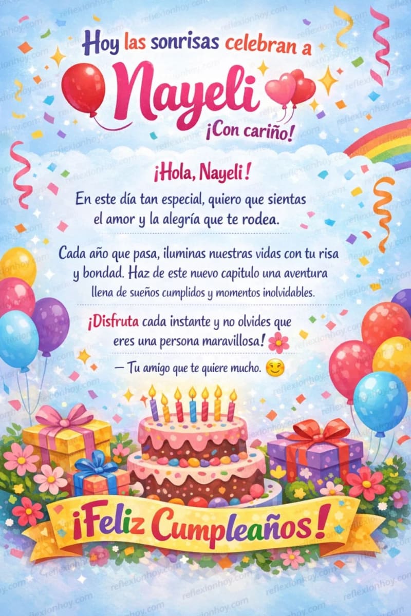 Una tarjeta de cumpleaños colorida con globos, confeti y un pastel sonriente, celebrando el día especial de Nayeli.