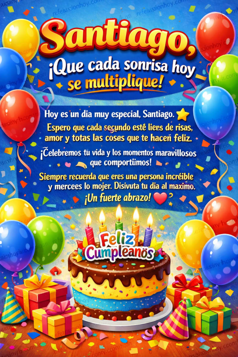 Tarjeta de cumpleaños colorida con globos y pastel, celebrando el cumpleaños de Santiago de manera alegre y vibrante.