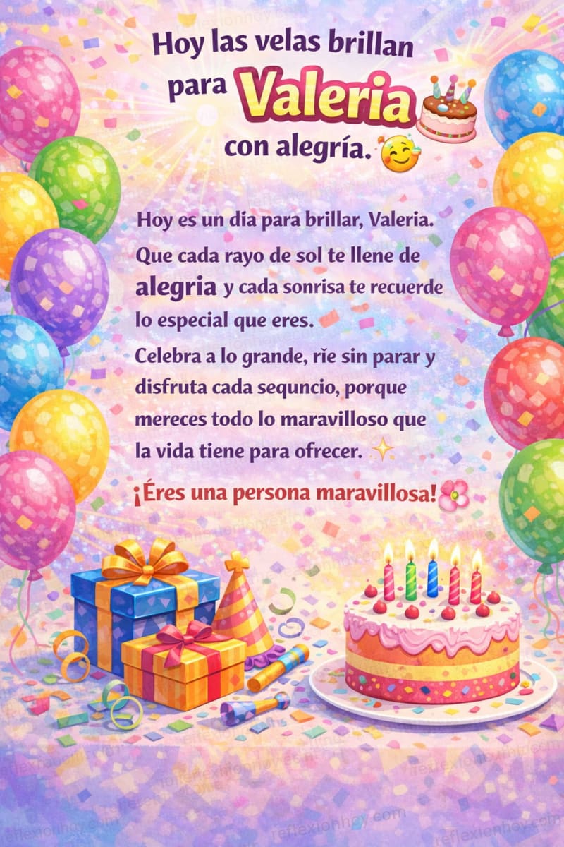 Tarjeta de cumpleaños colorida con globos y pastel, celebrando el cumpleaños de Valeria, llena de amor y alegría.