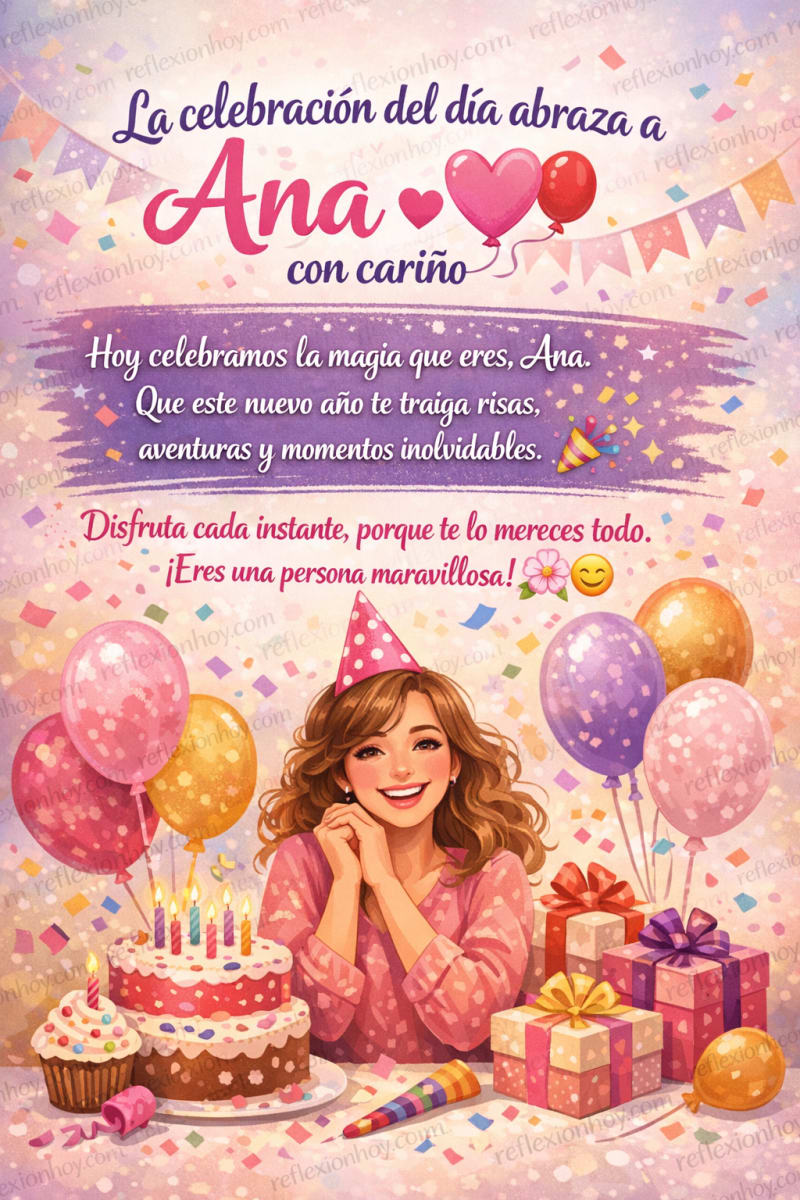 Tarjeta de cumpleaños colorida con globos, pasteles y confeti celebrando el cumpleaños de Ana.