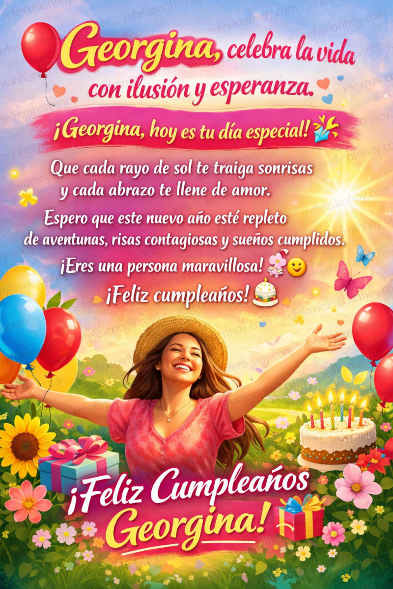 Tarjeta de cumpleaños colorida y festiva para Georgina, llena de alegría y emoción, con globos y pastel.