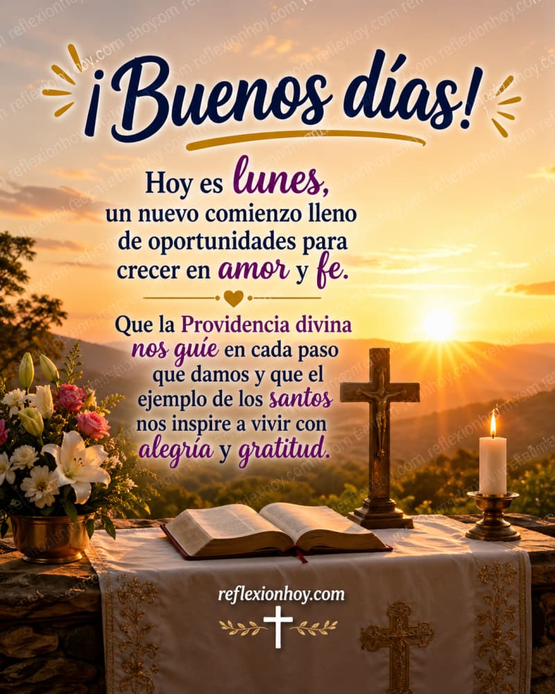 Un amanecer sereno con una cruz y un rosario, simbolizando la luz divina en el camino de la fe