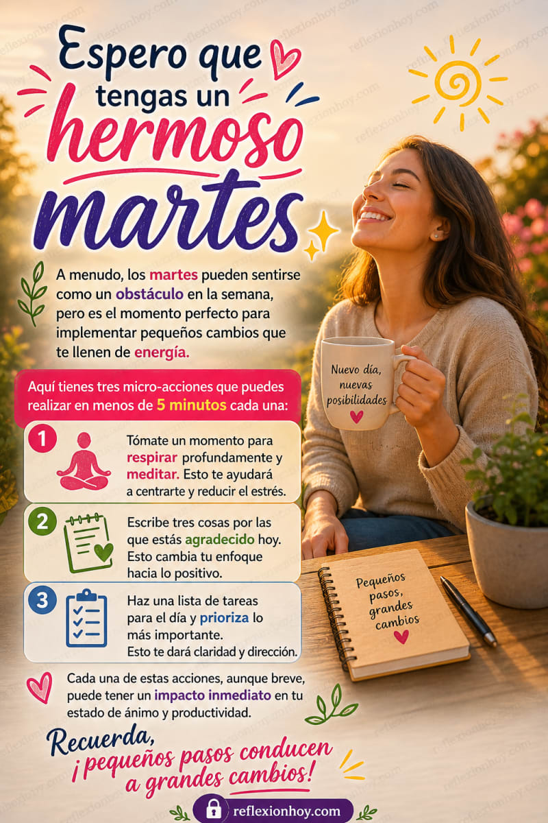Imagen motivacional que muestra a una persona sonriendo y disfrutando de un nuevo comienzo en un martes.