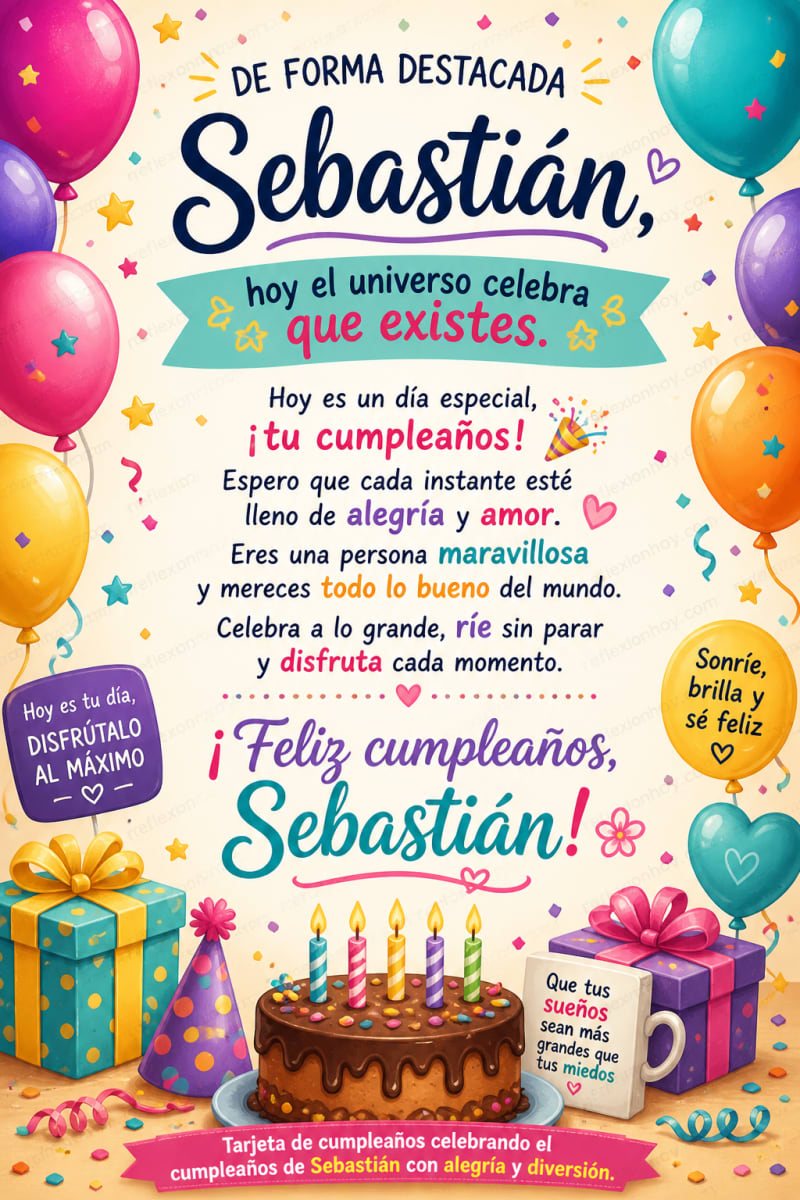 Tarjeta de cumpleaños colorida con globos, pastel y confeti, celebrando el cumpleaños de Sebastián con alegría y diversión.
