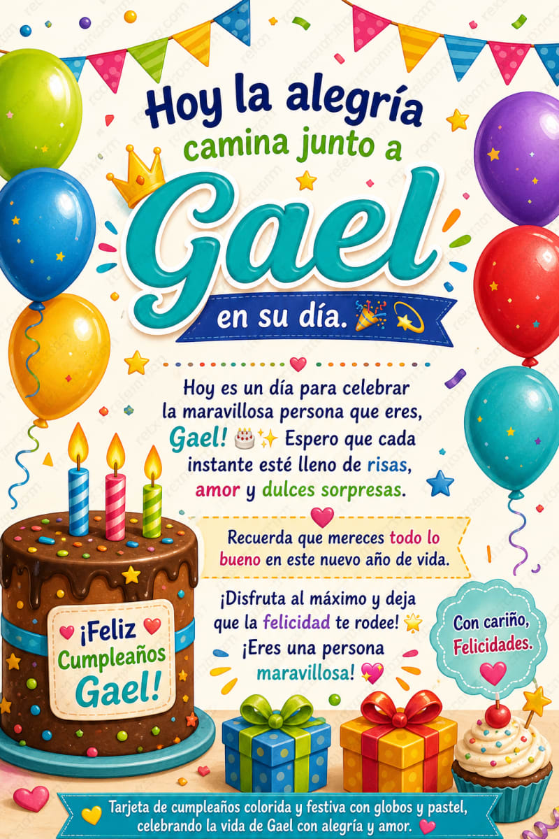 Tarjeta de cumpleaños colorida y festiva con globos y pastel, celebrando la vida de Gael con alegría y amor.