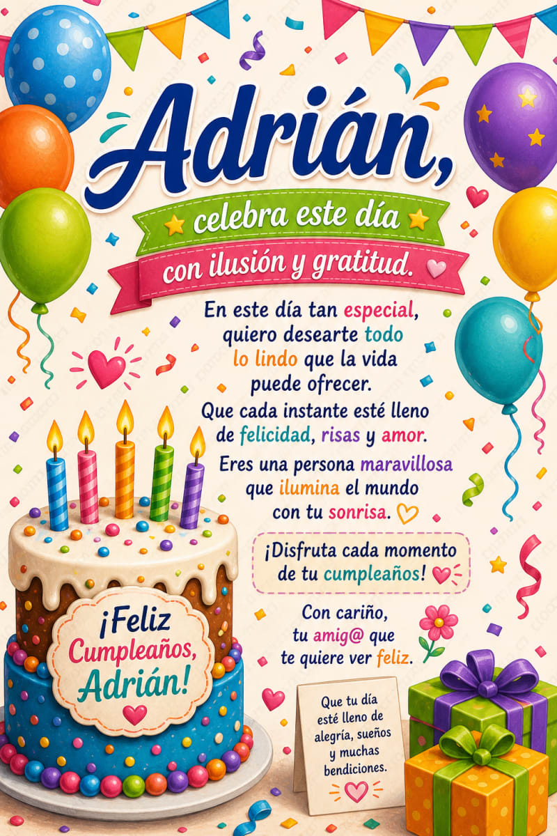 Tarjeta de cumpleaños colorida con confeti, globos y una tarta, ideal para felicitar a Adrián.
