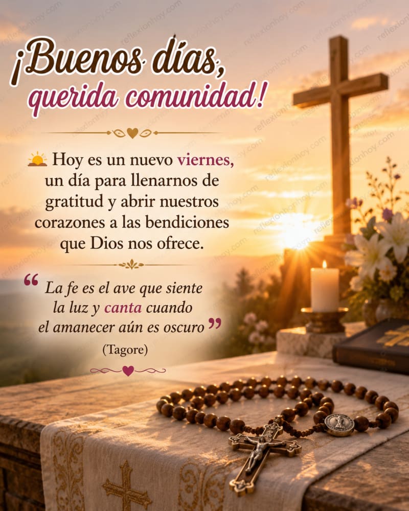 Amanecer suave sobre un altar con luz divina y rosario en primer plano