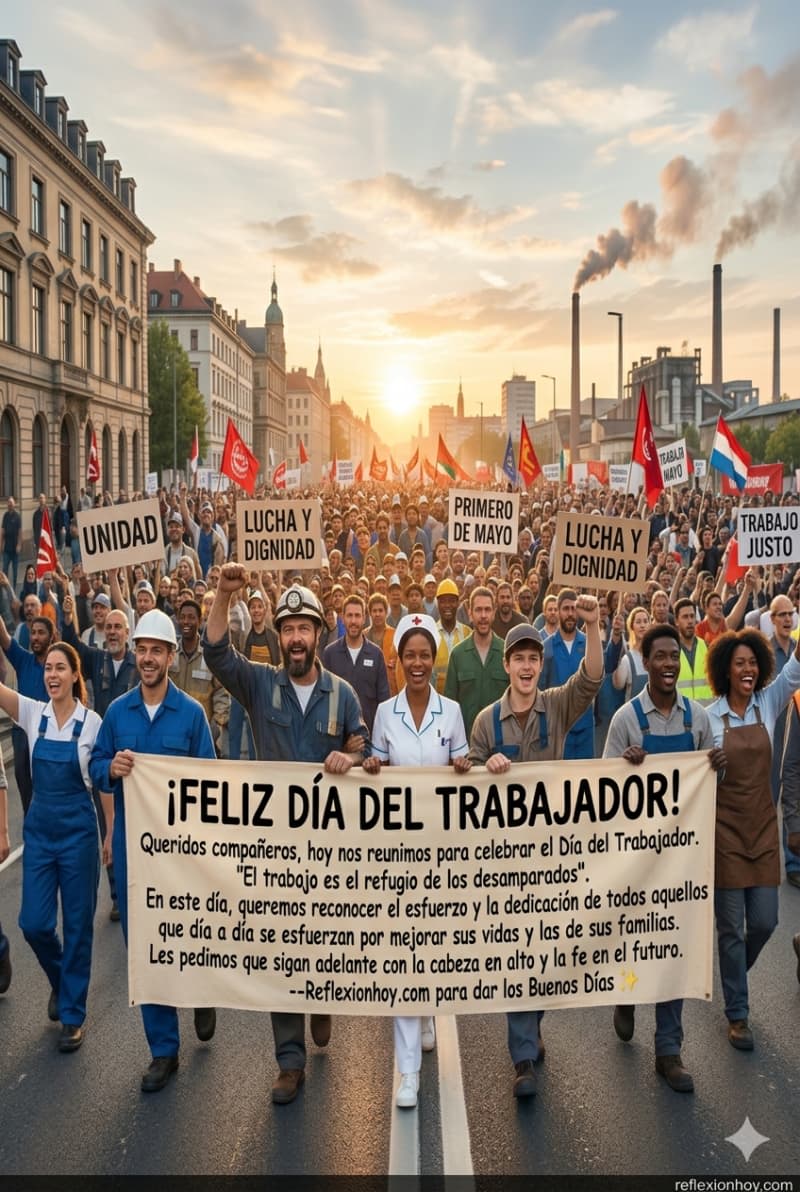 Imagen del Día del Trabajador con trabajadores unidos en la lucha 🖼️