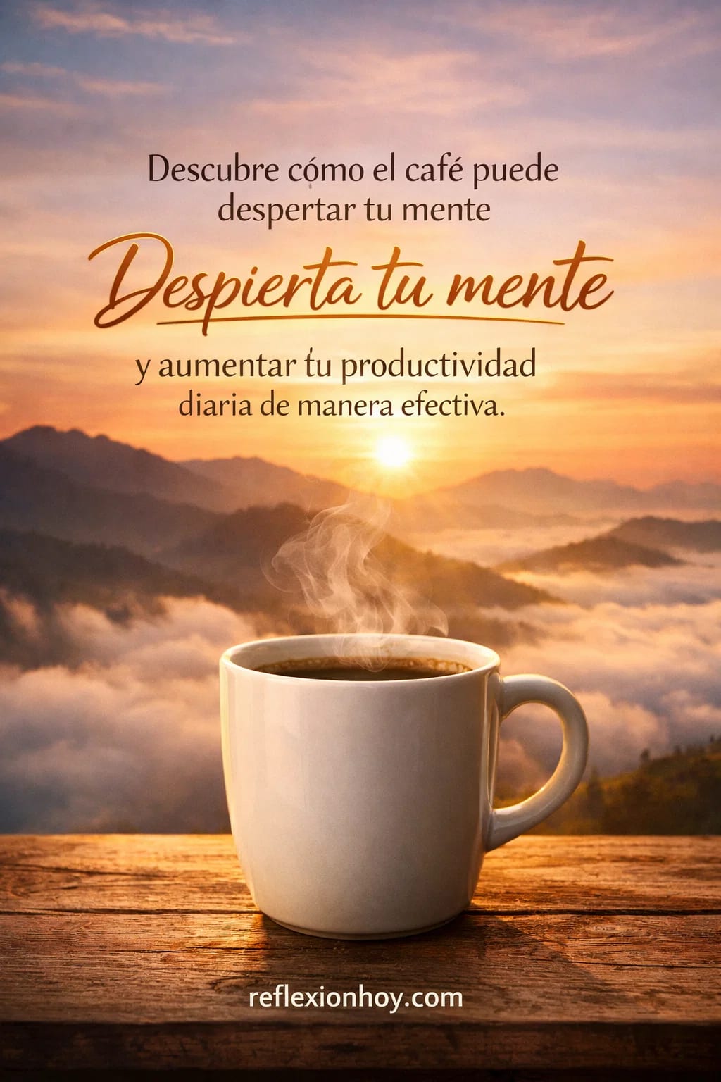 Una taza de café humeante sobre un fondo inspirador que despierta la mente.