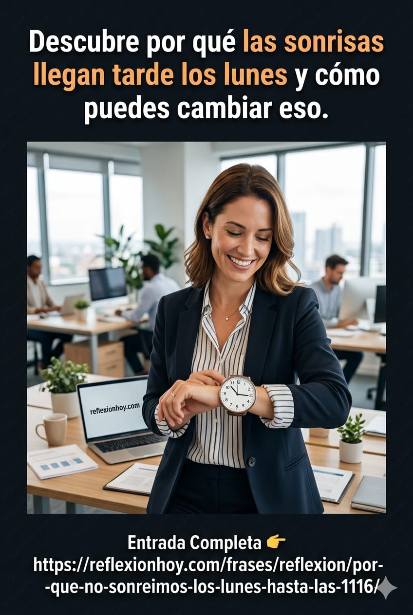 Una persona sonriente en la oficina mirando su reloj a las 11:16.