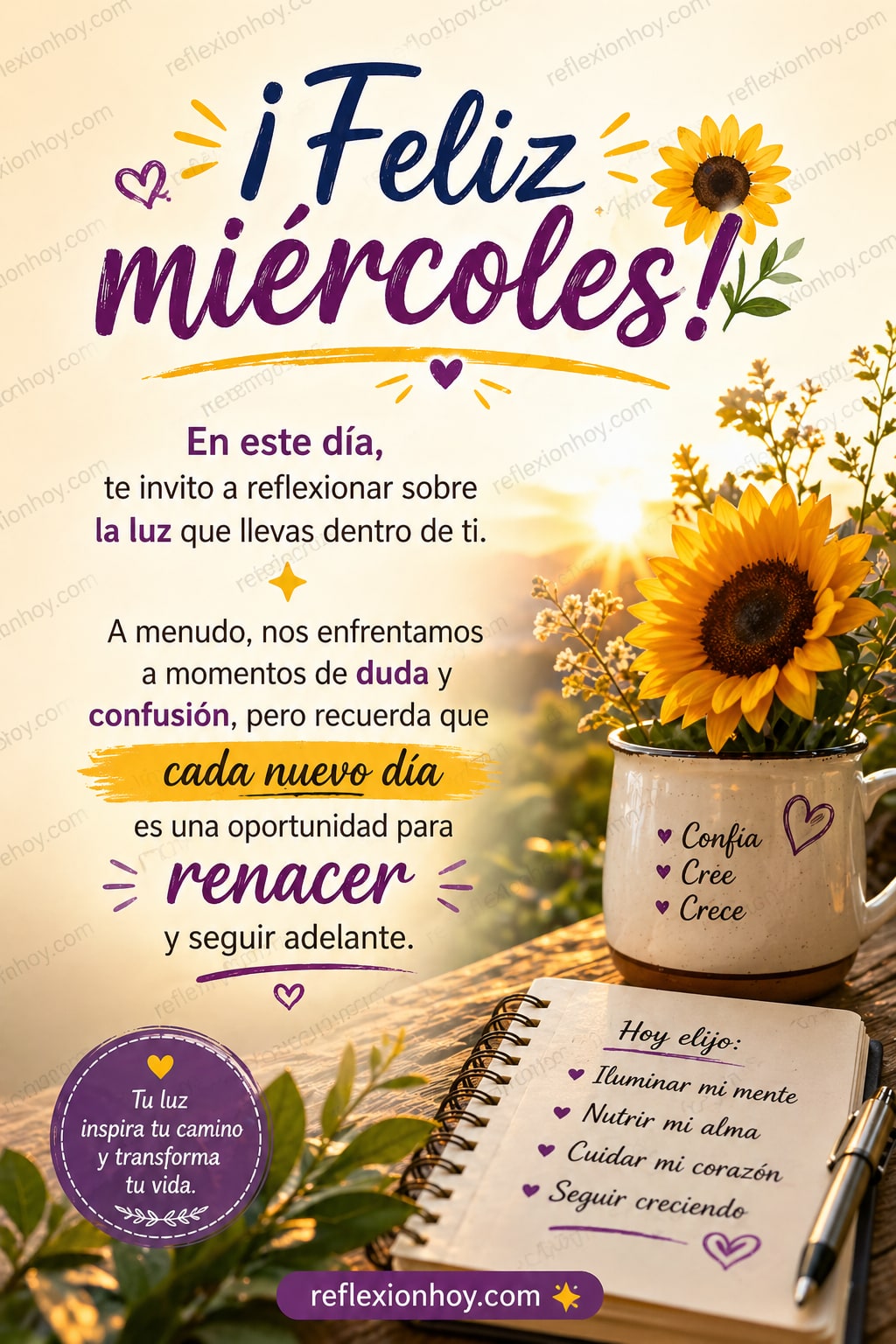 Imagen: ¡Feliz miércoles! 🌻 Encuentra la luz en tu camino ✨