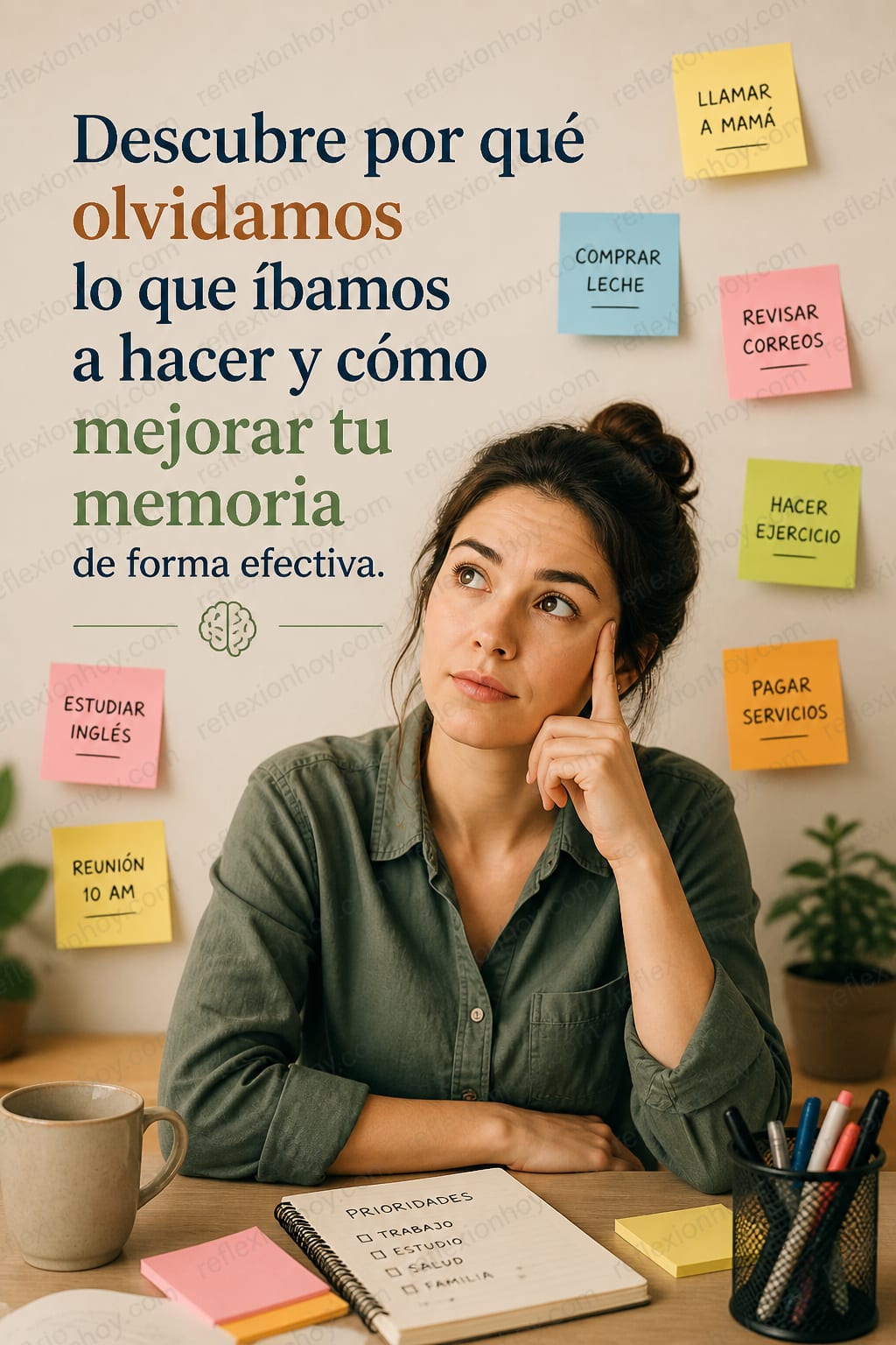 Una persona pensando, rodeada de post-it con recordatorios.