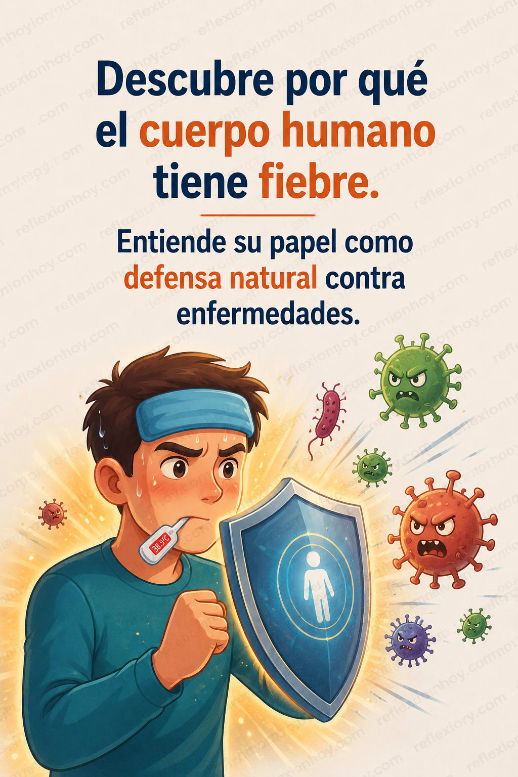 Ilustración de un humano con fiebre luchando contra virus.