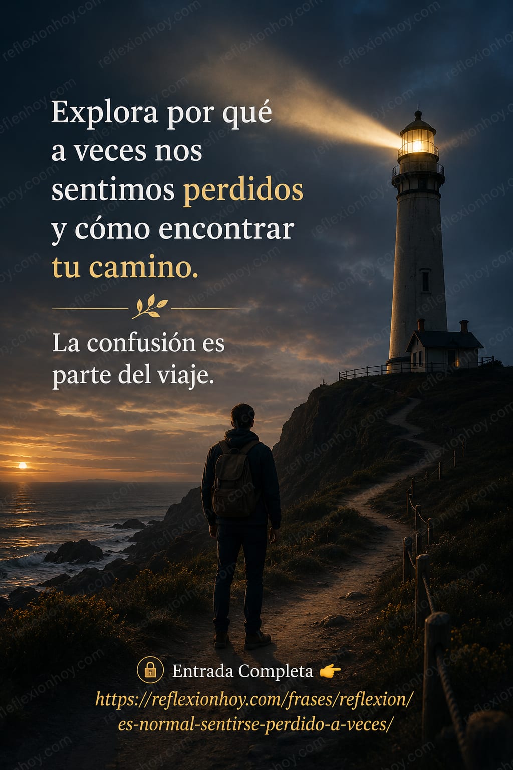 Un faro iluminando un camino incierto, simbolizando la búsqueda personal.