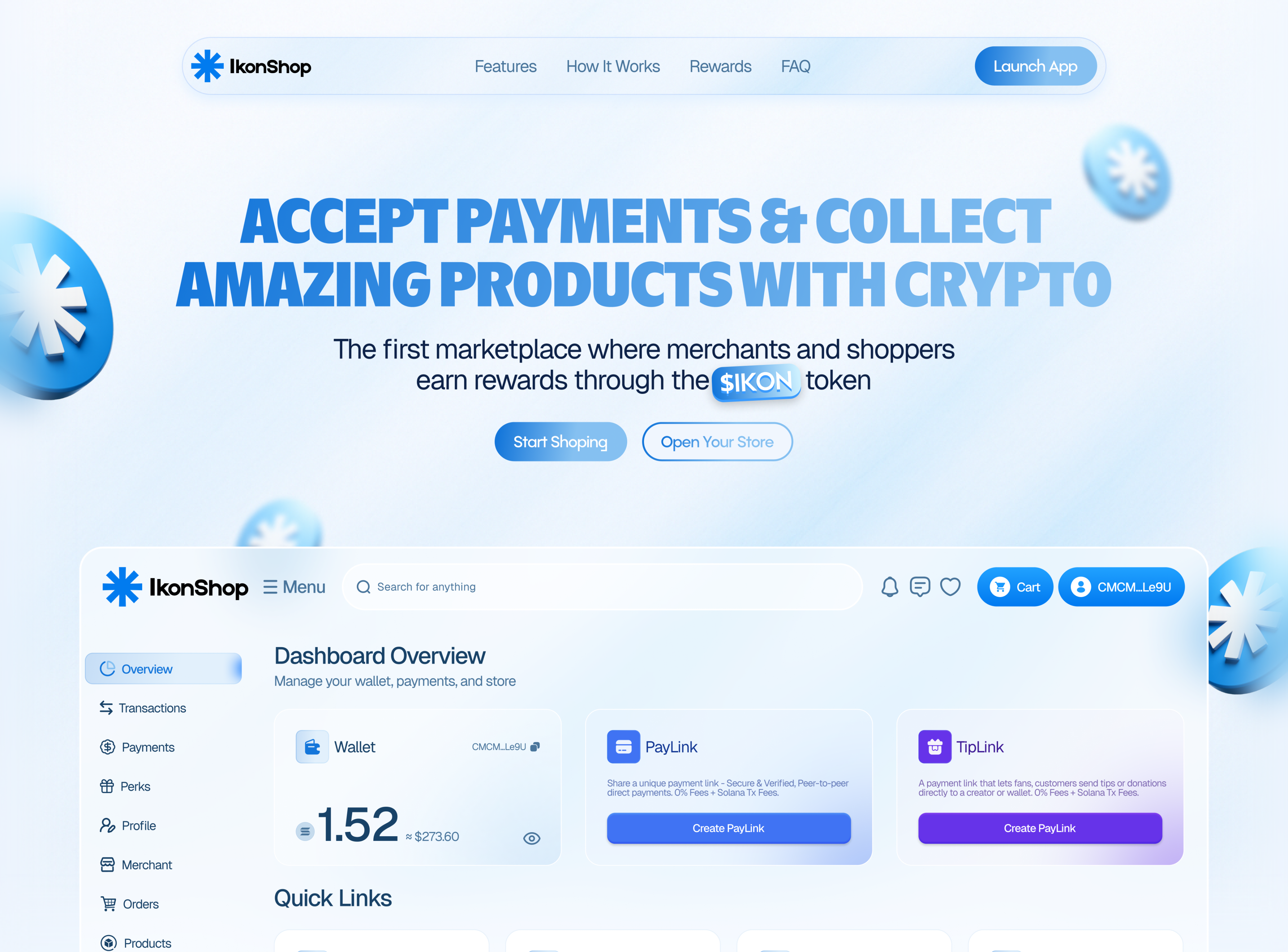 IkonShop crypto payments — website and merchant dashboard design