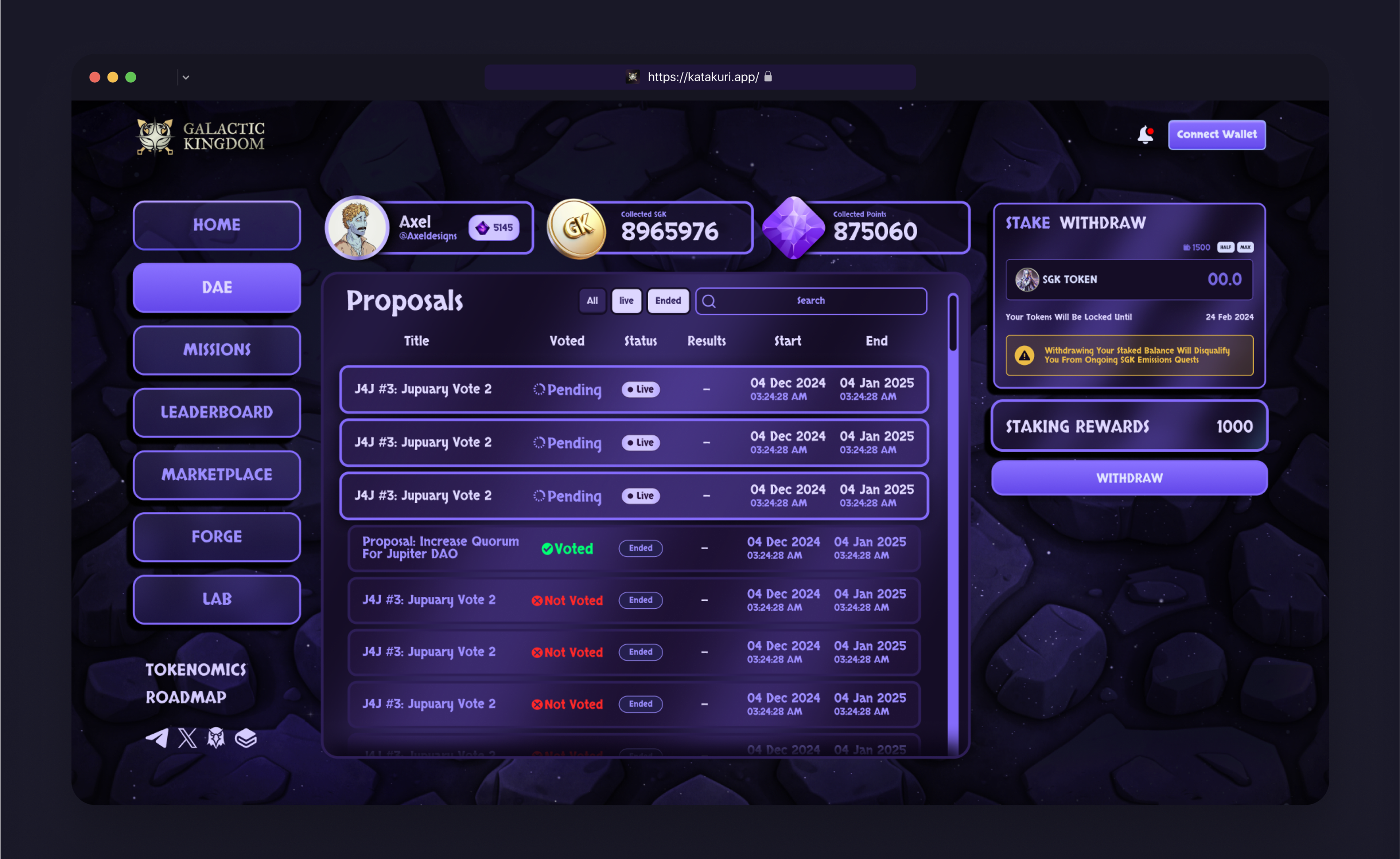 Galactic Kingdom — DAO proposals and staking dashboard UI