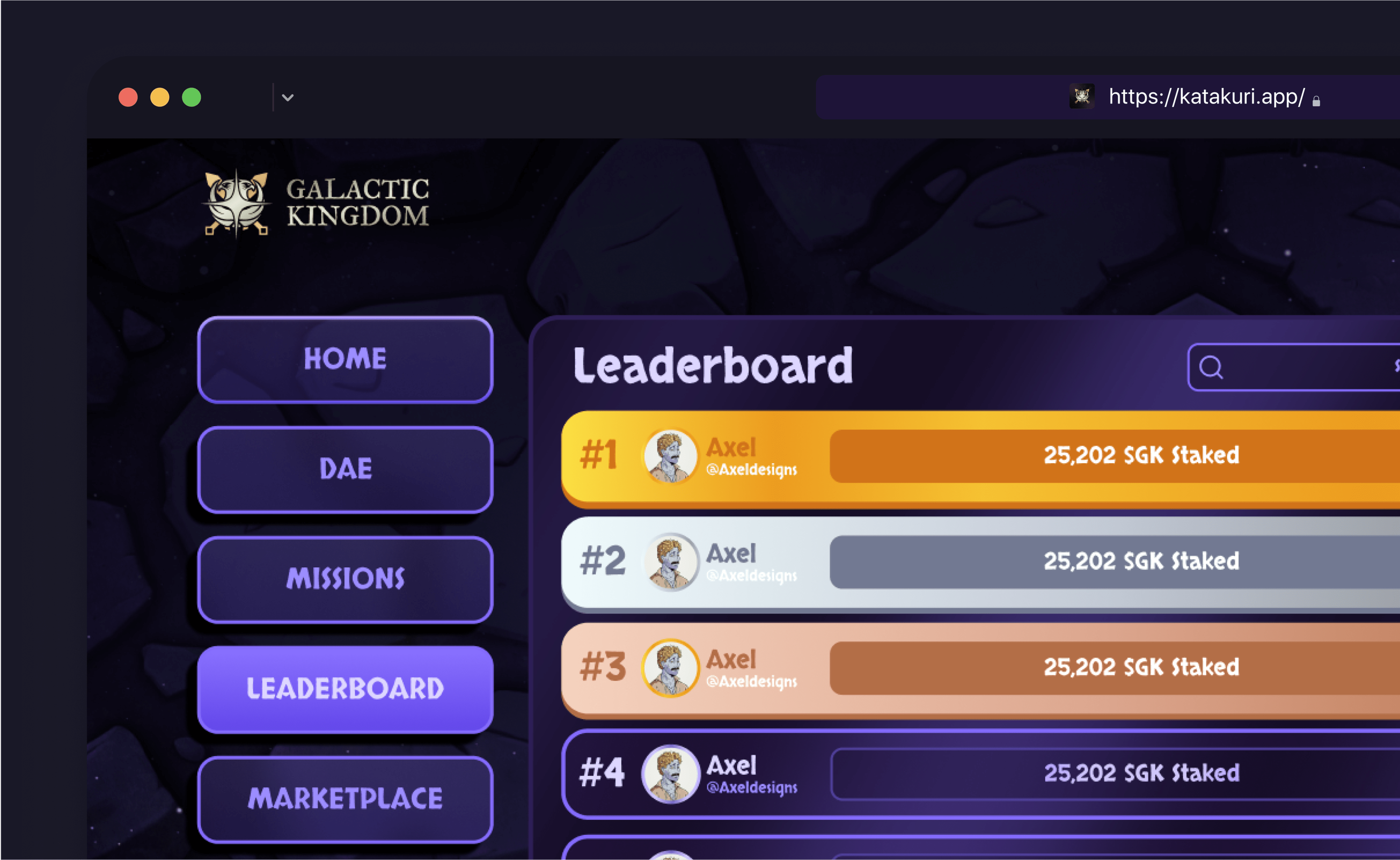 Galactic Kingdom — staking leaderboard interface design