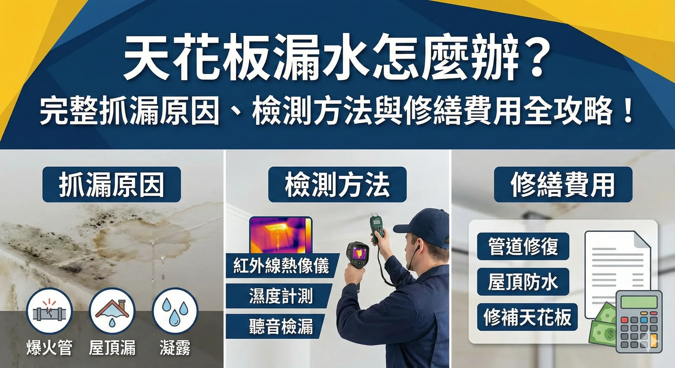 天花板漏水怎麼辦？完整抓漏原因、檢測方法與修繕費用全攻略！