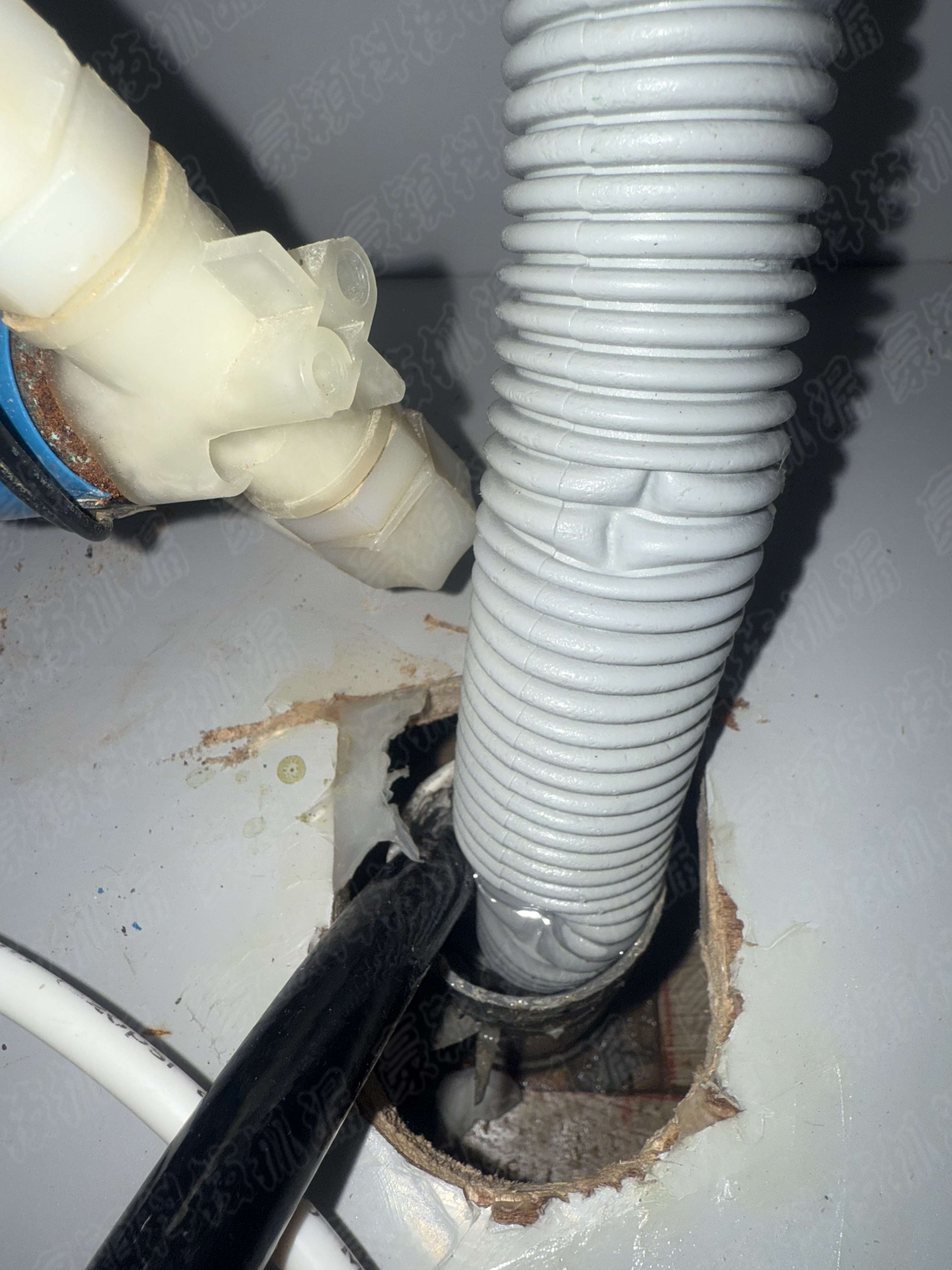 破損的排水管及其鏽蝕的連接件管件表面可見明顯的損傷和鏽蝕痕跡，表明可能存在漏水或結構受損的問題。該圖片在漏水檢測中具有重要意義，突顯了專業檢測和及時維修的必要性。