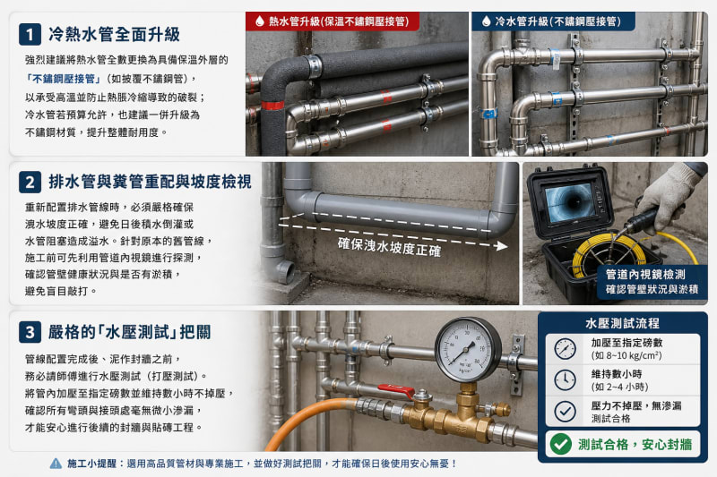 size:100;align:center 水電管線「全面汰舊換新」與壓力測試講解圖