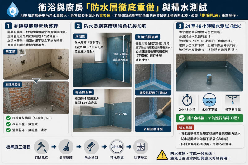 size:100;align:center 衛浴與廚房「防水層徹底重做」與積水測試流程圖