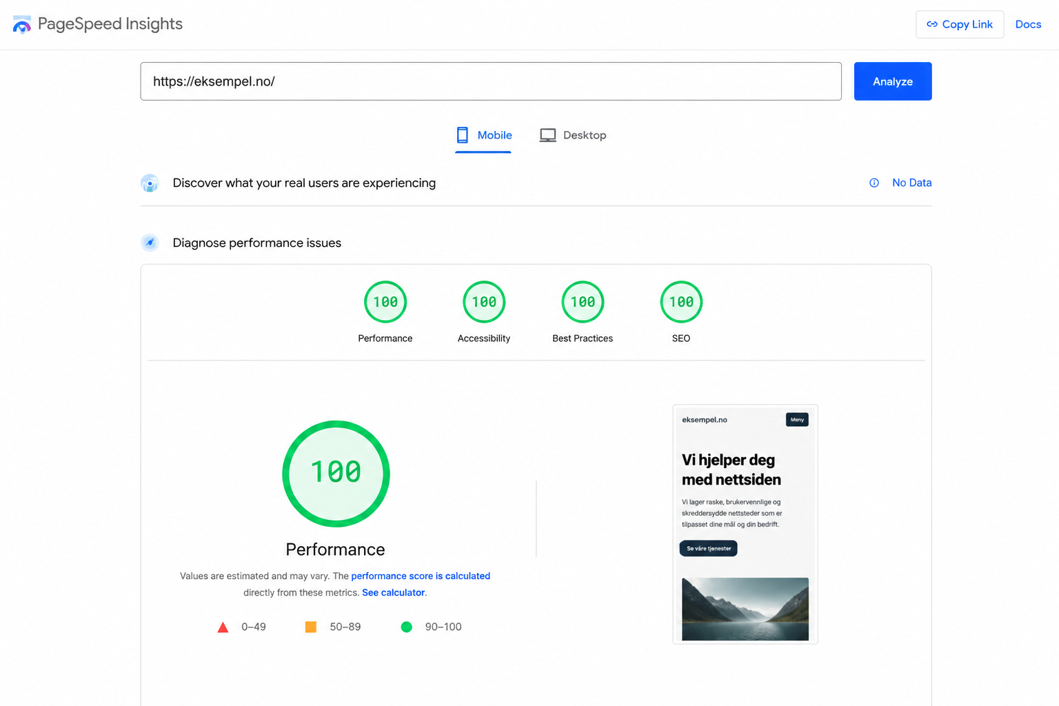 PageSpeed Insights-test av nettside med høy score for ytelse, tilgjengelighet, beste praksis og SEO