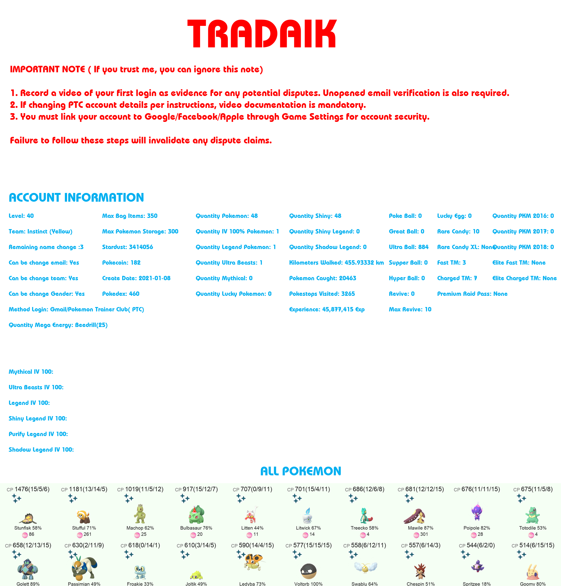 Pokemon Go Account – Level 40 48 Shiny 3.4M Stardust 1 Legendary 1 IV 100 Instinct Pokemon Go Account – Level 40 48 Shiny 3.4M Stardust 1 Legendary 1 IV 100 Instinct
