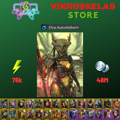 Starter acc with Elva : 76k energy / 48 mln coins / Abbess, Arix, Ninja + 18 Login Legendaries / Pain Keeper 3x + Coldheart