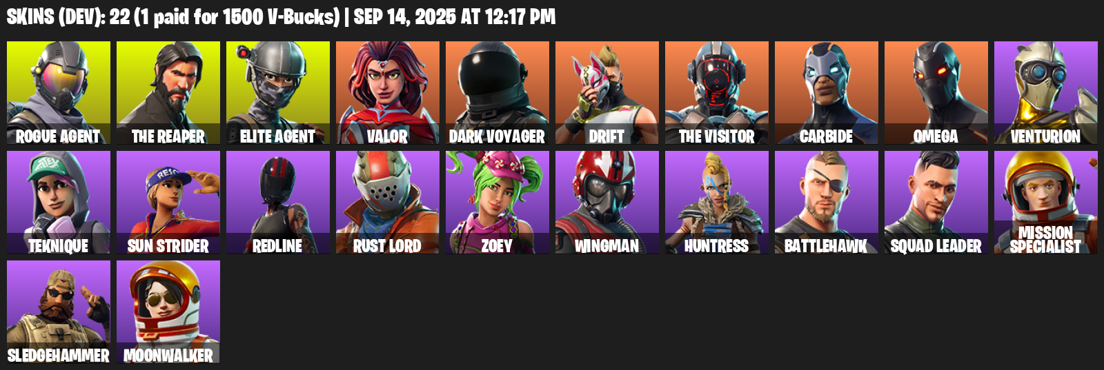 Fortnite Account ( PLAYSTATION / XBOX / PC ) (Elite Agent, The Reaper, Omega, Valor, Dark Voyager, Drift, Carbide, Venturion, Teknique, Sun Strider, Redline, Rust Lord, Zoey, Wingman, Huntress, Battlehawk, Squad Leader, Mission Specialist) (22 Skins) Fortnite Account ( PLAYSTATION / XBOX / PC ) (Elite Agent, The Reaper, Omega, Valor, Dark Voyager, Drift, Carbide, Venturion, Teknique, Sun Strider, Redline, Rust Lord, Zoey, Wingman, Huntress, Battlehawk, Squad Leader, Mission Specialist) (22 Skins)