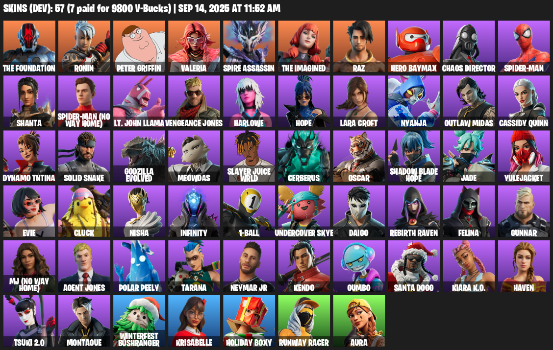 Fortnite Account ( PC / PLAYSTATION / XBOX ) (Lara Croft, The Foundation, Ronin, Peter Griffin, Valeria, Spire Assassin, Raz, Hero Baymax, Chaos Director, Spider-Man, Shanta, Lt. John Llama, Vengeance Jones, Harlowe, Hope, Nyanja, Outlaw Midas, Cassidy Quinn) (57 Skins) Fortnite Account ( PC / PLAYSTATION / XBOX ) (Lara Croft, The Foundation, Ronin, Peter Griffin, Valeria, Spire Assassin, Raz, Hero Baymax, Chaos Director, Spider-Man, Shanta, Lt. John Llama, Vengeance Jones, Harlowe, Hope, Nyanja, Outlaw Midas, Cassidy Quinn) (57 Skins)