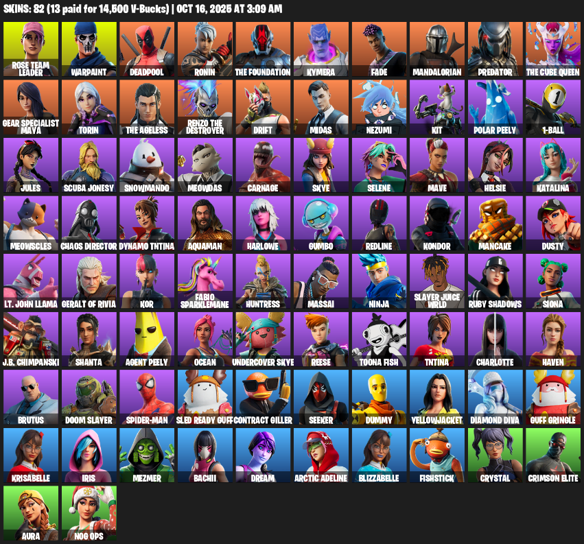Fortnite Account ( PLAYSTATION / XBOX / PC ) (Gear Specialist Maya, Rose Team Leader, Warpaint, Deadpool, Ronin, The Foundation, Kymera, Fade, Mandalorian, Predator, Torin, Drift, Midas, Nezumi, Kit, Polar Peely, 1-Ball) (82 Skins) Fortnite Account ( PLAYSTATION / XBOX / PC ) (Gear Specialist Maya, Rose Team Leader, Warpaint, Deadpool, Ronin, The Foundation, Kymera, Fade, Mandalorian, Predator, Torin, Drift, Midas, Nezumi, Kit, Polar Peely, 1-Ball) (82 Skins)
