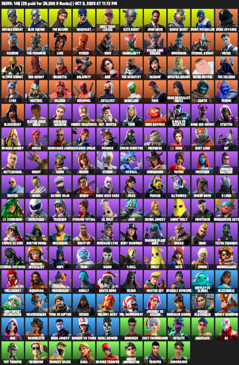 Fortnite Account ( XBOX / PC ) (Blue Squire, Royale Knight, The Reaper, Elite Agent, Point Patroller, Gear Specialist Maya, Renegade Raider, Warpaint, Rose Team Leader, John Wick, Dark Voyager, Carbide, Luxe, Hybrid, Ruin, Singularity, Fallen Love Ranger, Omegarok) (148 Skins) Fortnite Account ( XBOX / PC ) (Blue Squire, Royale Knight, The Reaper, Elite Agent, Point Patroller, Gear Specialist Maya, Renegade Raider, Warpaint, Rose Team Leader, John Wick, Dark Voyager, Carbide, Luxe, Hybrid, Ruin, Singularity, Fallen Love Ranger, Omegarok) (148 Skins)