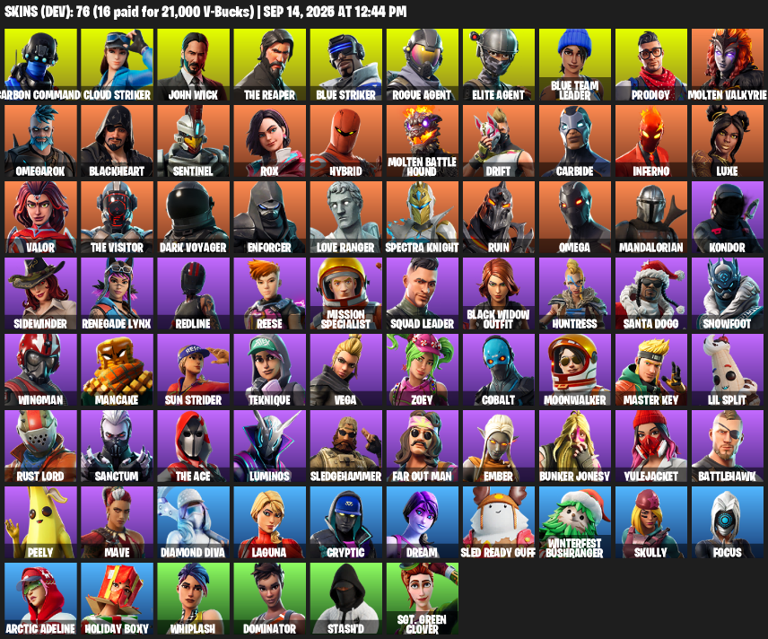 Fortnite Account ( PC / XBOX ) (Elite Agent, The Reaper, Omega, Carbon Commando, Cloud Striker, John Wick, Blue Team Leader, Prodigy, Molten Valkyrie, Omegarok, Blackheart, Sentinel, Rox, Hybrid, Drift, Carbide, Inferno) (76 Skins) Fortnite Account ( PC / XBOX ) (Elite Agent, The Reaper, Omega, Carbon Commando, Cloud Striker, John Wick, Blue Team Leader, Prodigy, Molten Valkyrie, Omegarok, Blackheart, Sentinel, Rox, Hybrid, Drift, Carbide, Inferno) (76 Skins)